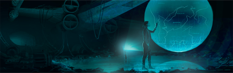 Jyn with Death Star Hologram Version 2D / Vincent Jenkins. The Art of Rogue One: A Star Wars Story by Josh Kushins, and Lucasfilm Ltd. © Abrams Books, 2016(C) 2016 Lucasfilm Ltd. And TM. All Rights Reserved. Used Under Authorization.